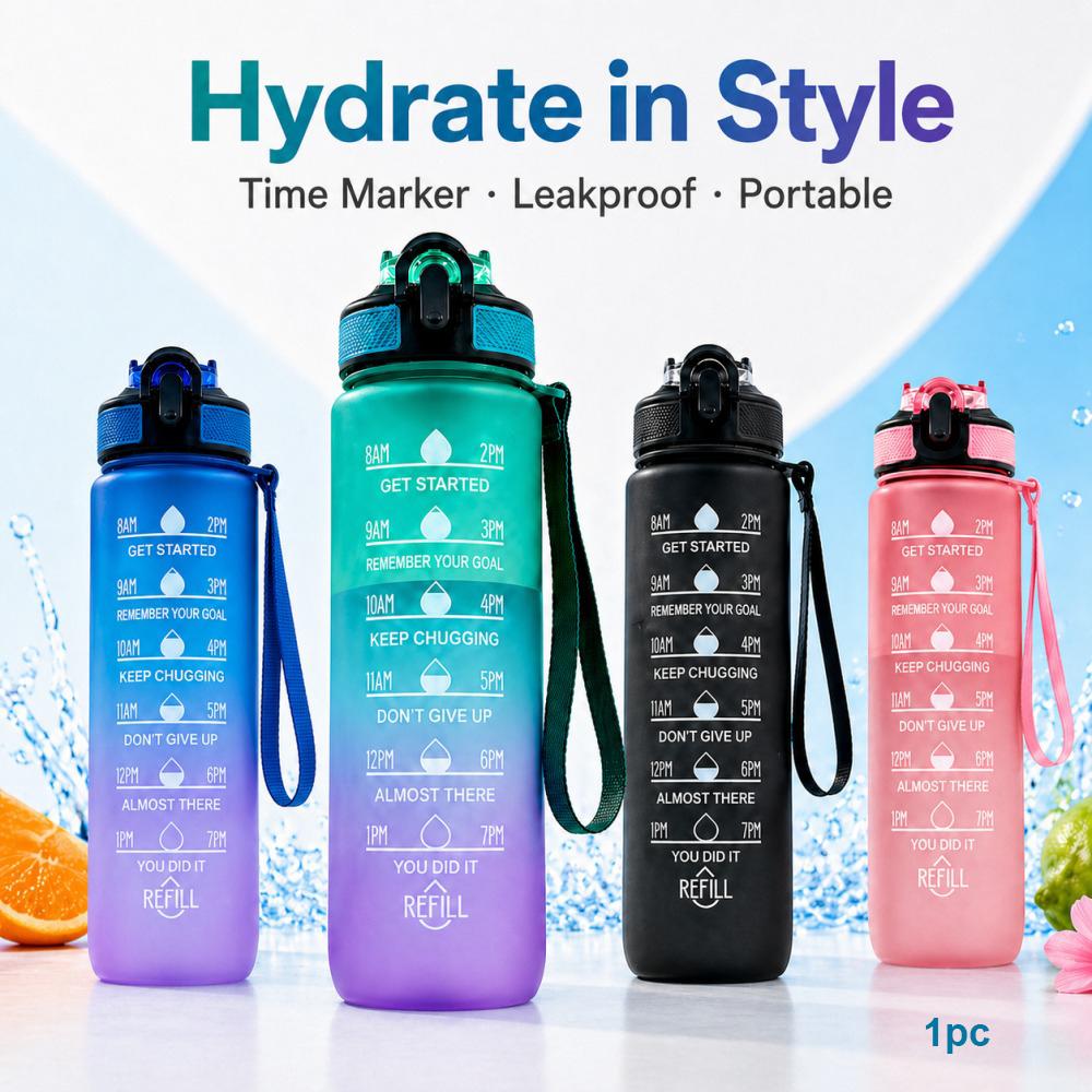 1000ml Plastic Water Bottle with Time Marker, Leakproof Gradient Sports Bottle for Women Men, Gym Yoga Hiking Office