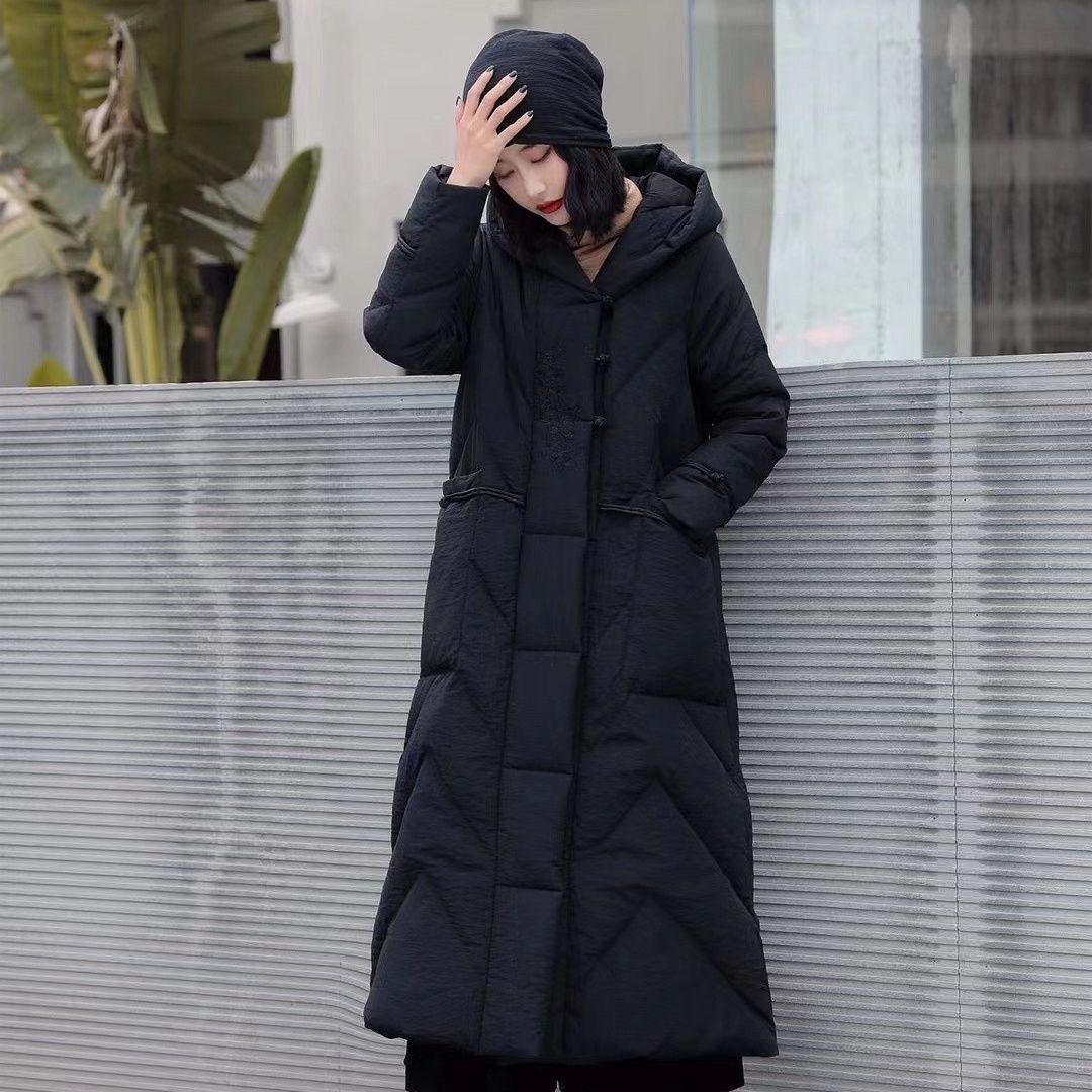 

Long Cotton-padded Women s Winter New Hooded Loose Ethnic Over-the-knee Thickened Cotton-padded Jacket Retro Medium Coat 2XL recommends 150-87.5 kg чёрный