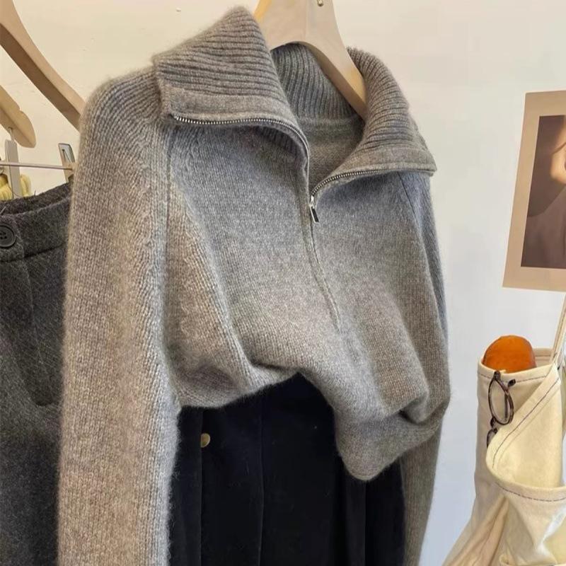 100% Pure Wool Women's Korean Style Lapel Raglan Sleeve Half Zip Loose Knit Sweater