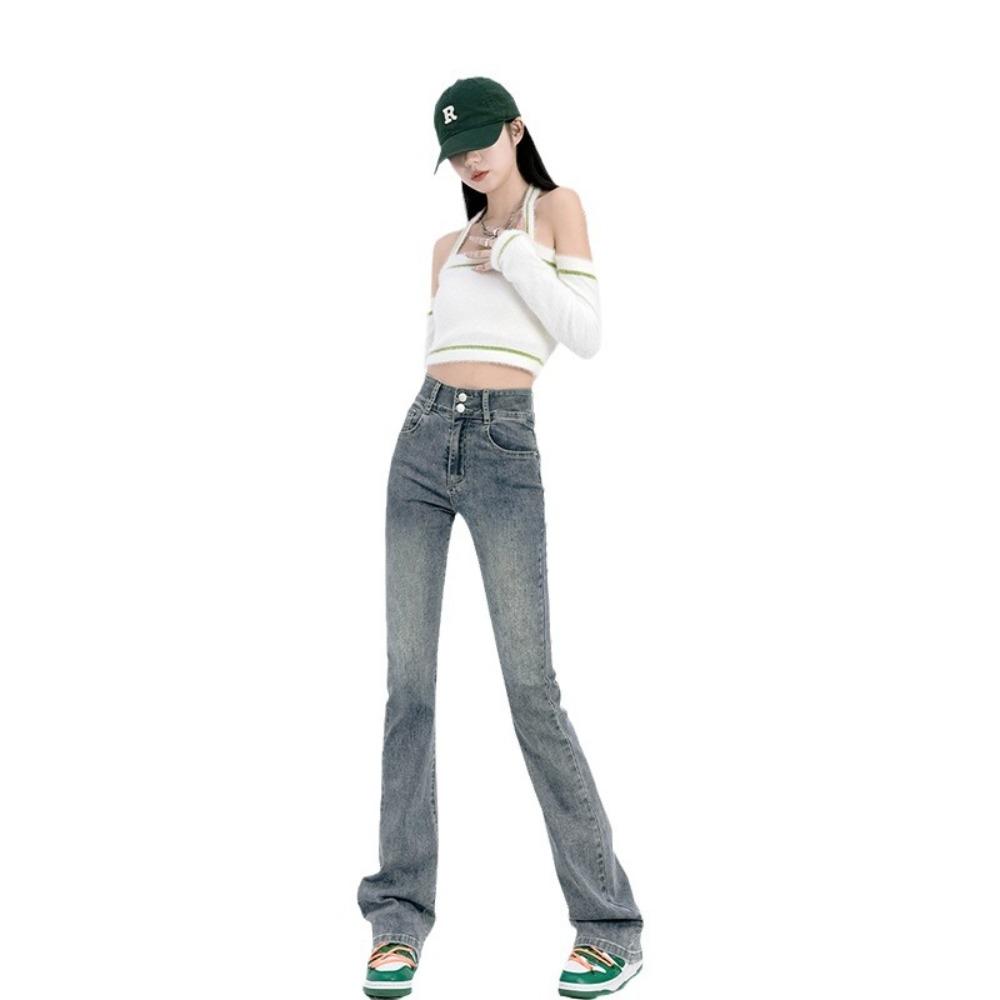 Jeans Micro-pull Pants Women's High Waist Autumn and Winter New Double Buckle Trendy Fat MM Thin Micro-flared Trousers Ins Trendy