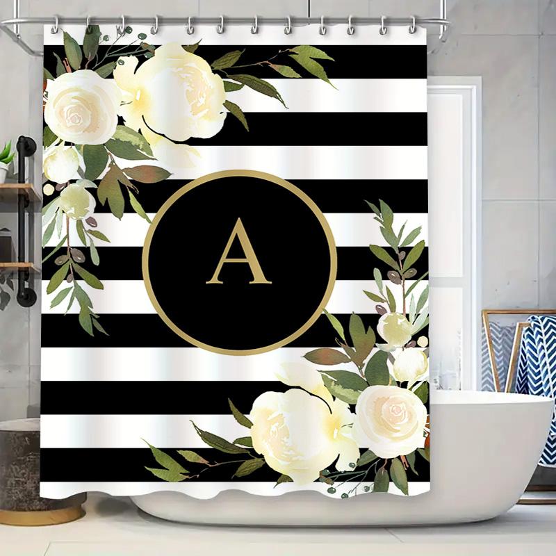

White Roses Bath Shower Curtain With Gold Monogram Decor Striped Home Bathroom Accessories For Kids Room Decoration Gift Idea W60H190(CM)-1 Pcs