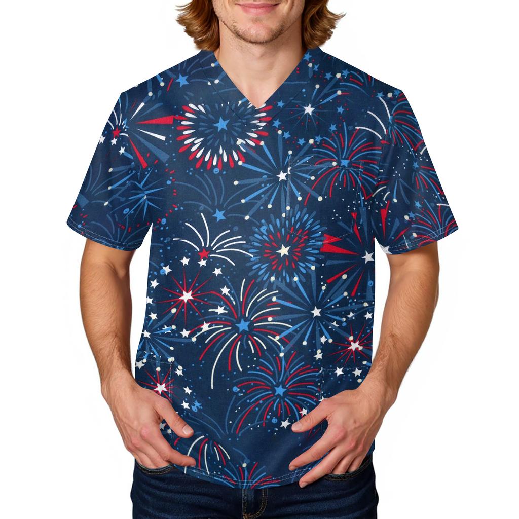 Men's Short Sleeve V Neck Medical Scrub Top with Pocket Independence Day Star Print Workwear Shirt for Healthcare Professionals