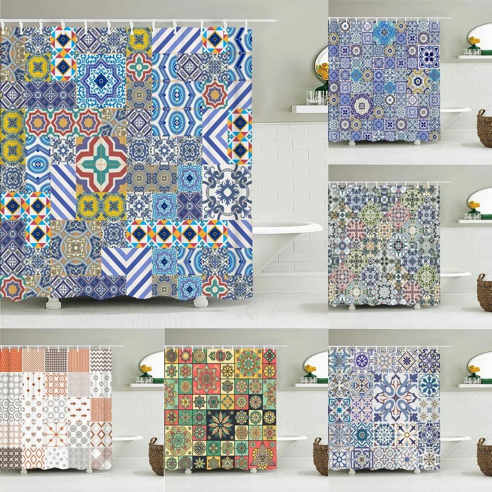 3D Koupelnové závěsy Indické Boho Sprchové závěsy Vodotěsná látka s 12 háčky Domácí dekorace Pratelné Koupelnová zástěna