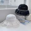 Summer New French Lace Bucket Hat Women Hollow Knitted Pearl Decoration Seaside Sunscreen Sun Hat Foldable