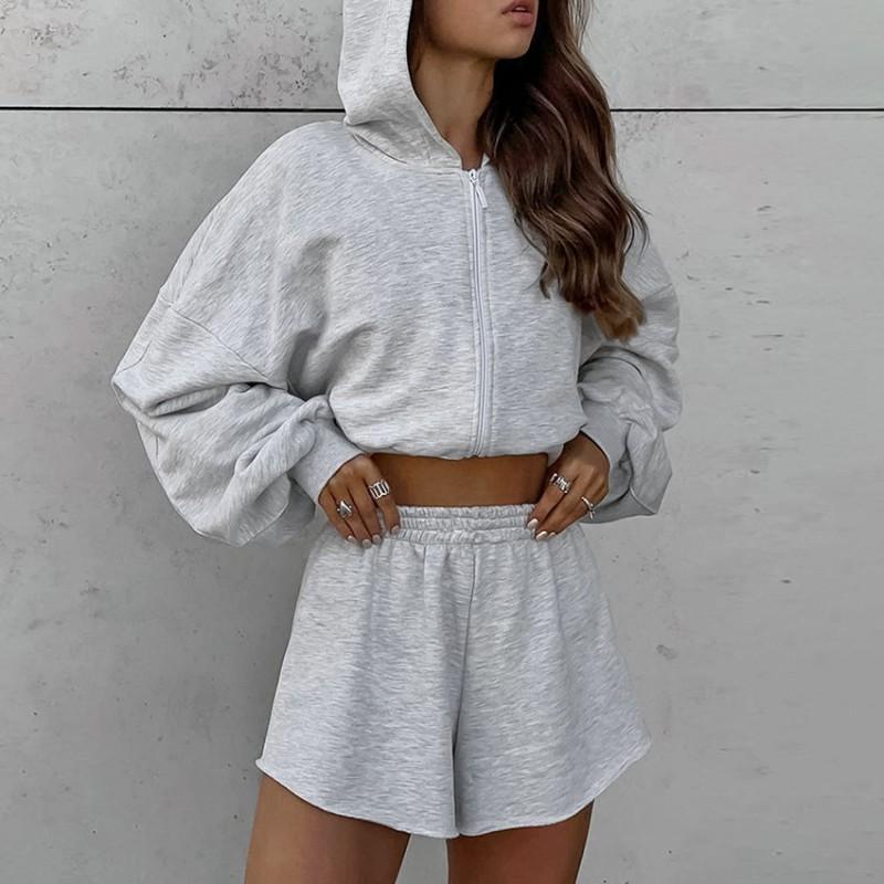 Womens Street Style Tracksuit Solid Color Long Sleeve Top Shorts Set Casual Daily Wear