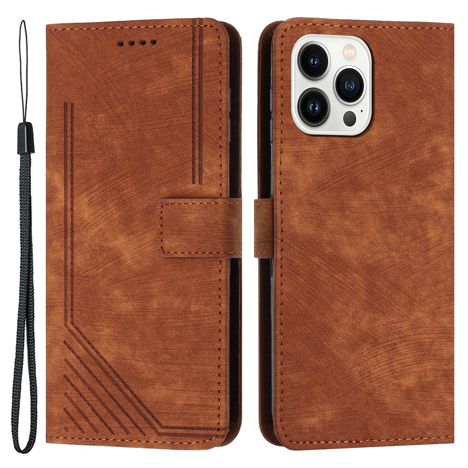 

For iPhone 13 Pro Leather Stand Wallet Phone Case Skin-touch Lines Imprinted Phone Cover Brown