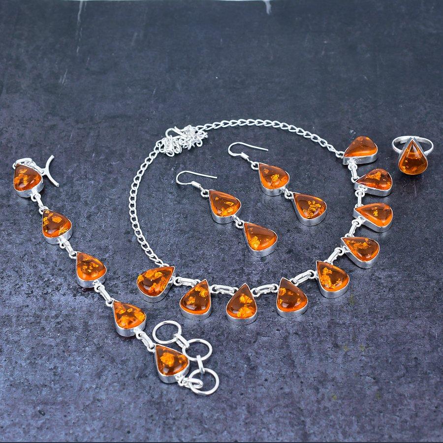 Natural Baltic Amber Gemstone Handmade 925 Sterling Silver Jewelry Set e5W53