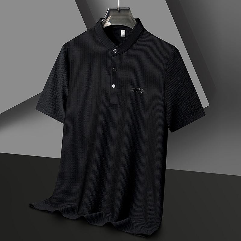 

Футболка из тонкого шелкового эластичного материала с короткими рукавами для мужчин на лето, воротник-стойка, простая и универсальная, повседневная рубашка поло с короткими рукавами, не требующая глажки для мужчин XXXXL