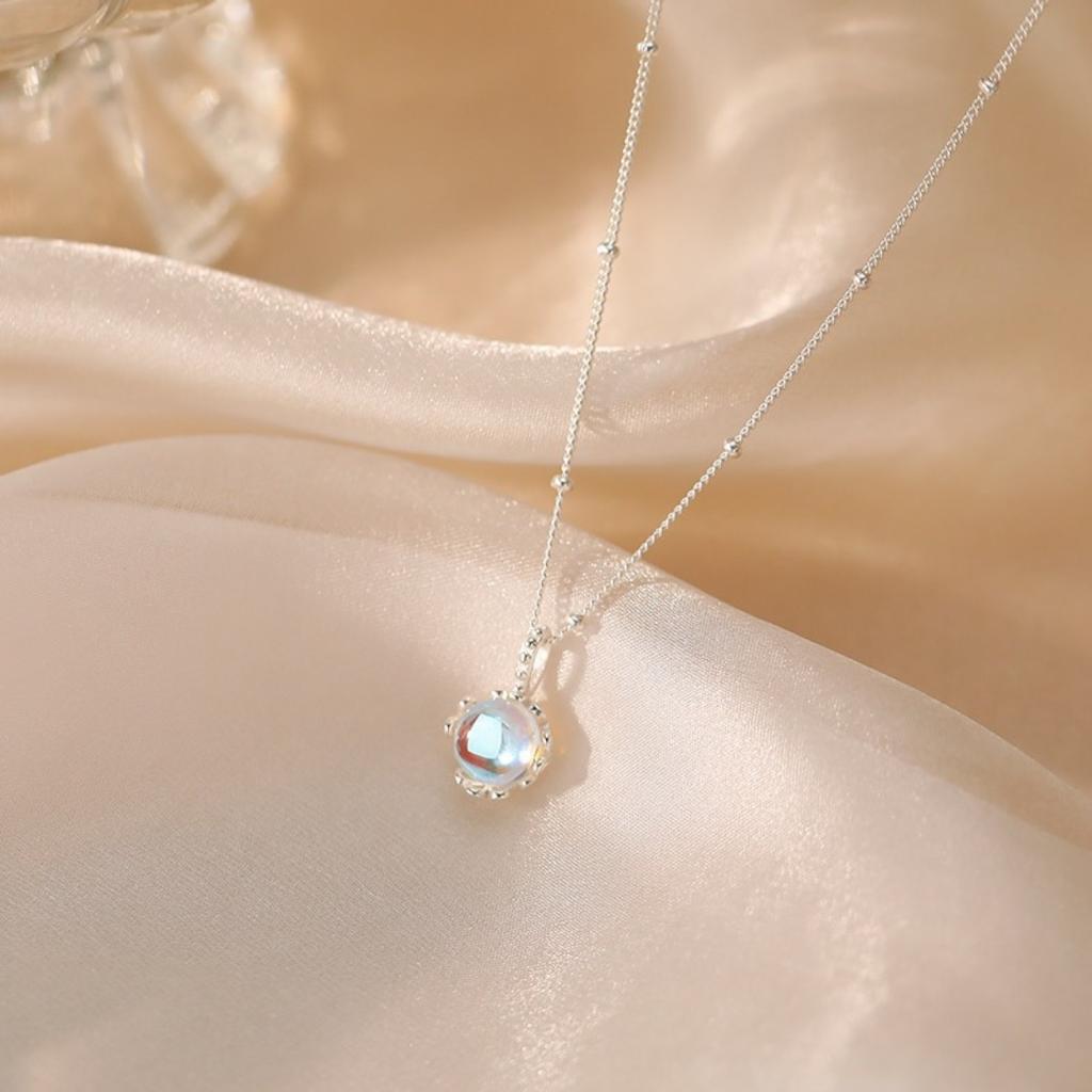 S925 sterling silver moonstone round necklace female Korean version light luxury high-end round bead side chain pendant ins wind