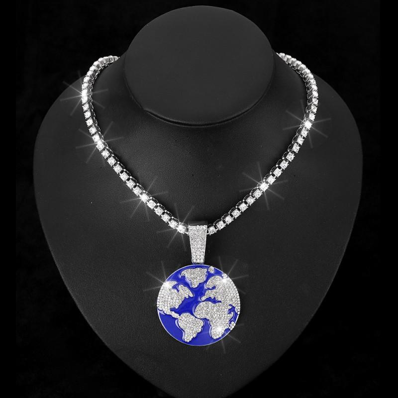 Collana in Lega con Ciondolo Hip Hop Terra Completamente Intarsiato di Strass Catena Cubana da Uomo Stile a Strati