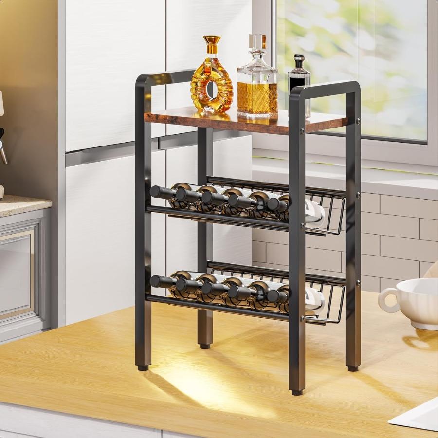 3 Tier Kitchen Countertop OrganizerShelf Coffee Shelf with Slanted Metal Mesh and Wood Board MultiFunctional Spice Rack for Cof