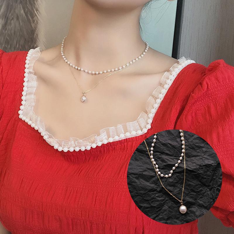 Colier Choker cu perle Kpop Drăguț cu pandantiv cu lanț cu două straturi Cadou pentru fete