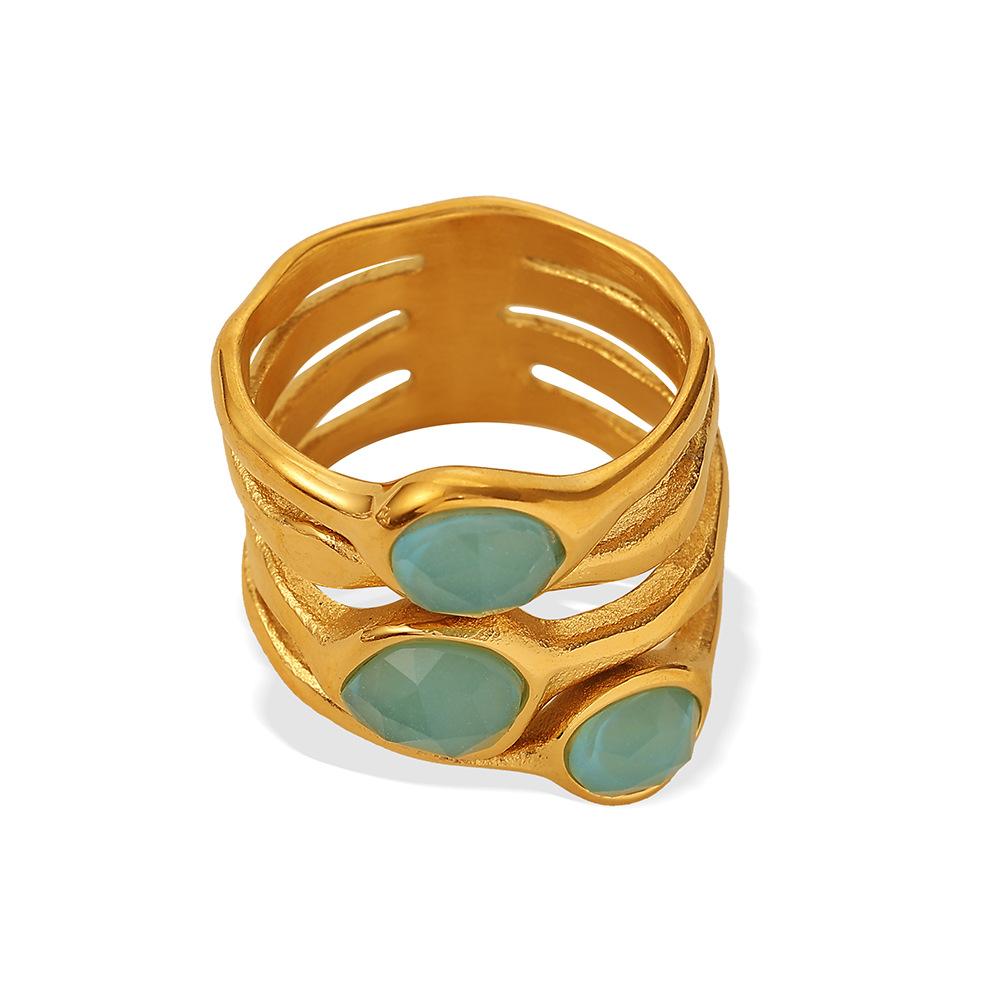 Atmospheric Natural Stone Hollow Multi-layer Wave Ring, 18K Gold Plated Stainless Steel High-end Ring