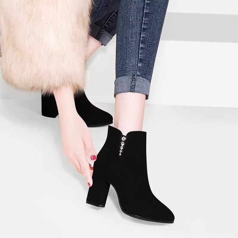 All soft leather medium boots retro medium heel square head thin boots soft leather thick heel short boots Martin boots