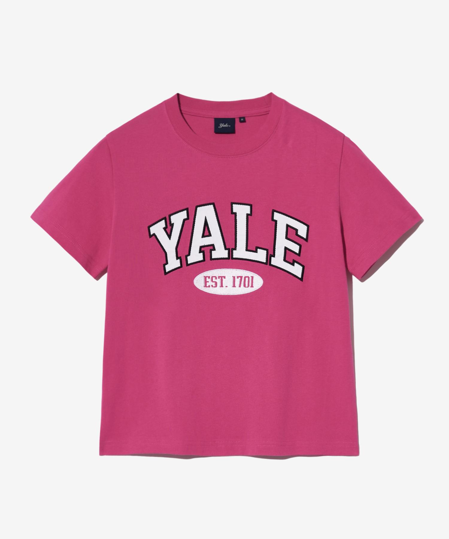 Yale Women S Two-Tone Arch Crop Short Sleeve T-Shirt Hot Pink Note/S