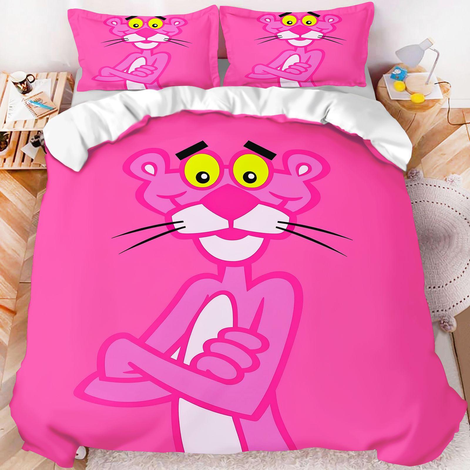 Panthère Rose Dessin Animé Housse de Couette Ensemble de Linge de Lit Fond Rose Vif Imprimé Taie d'Oreiller Mignonne Chambre de Filles Housse de Couette Noël 135X200CM