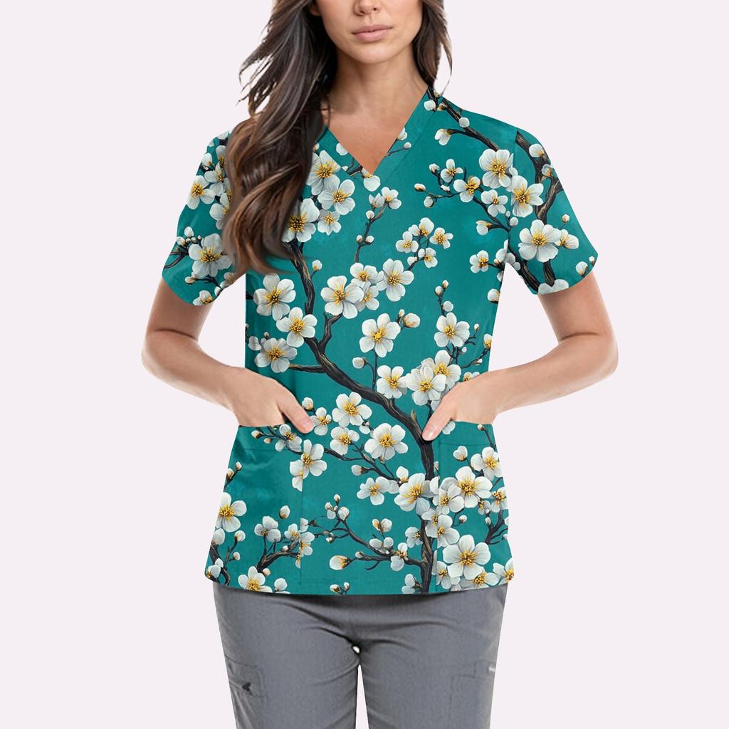 Süße bedruckte Arbeitskleidung für Damen, V-Ausschnitt, doppellagige Taschen, Basic, kurzärmeliges Oberteil, Pullover, Valentinstag