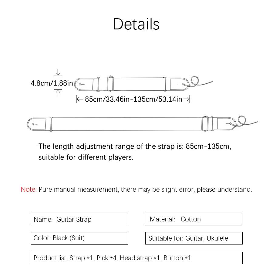 7Pcs/Set Guitar Strap Black PU Leather + Cotton for Ukulele Bass Musical Instrument Accessories