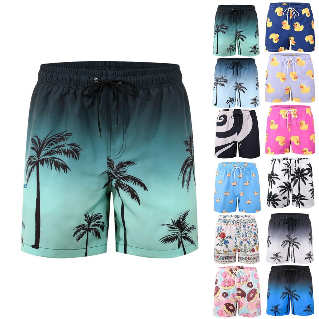 Men Swim Shorts Quick Dry Beach Trunks Elastic Waist Drawstring Swimwear with Tree Print for Pool Spa Vacation