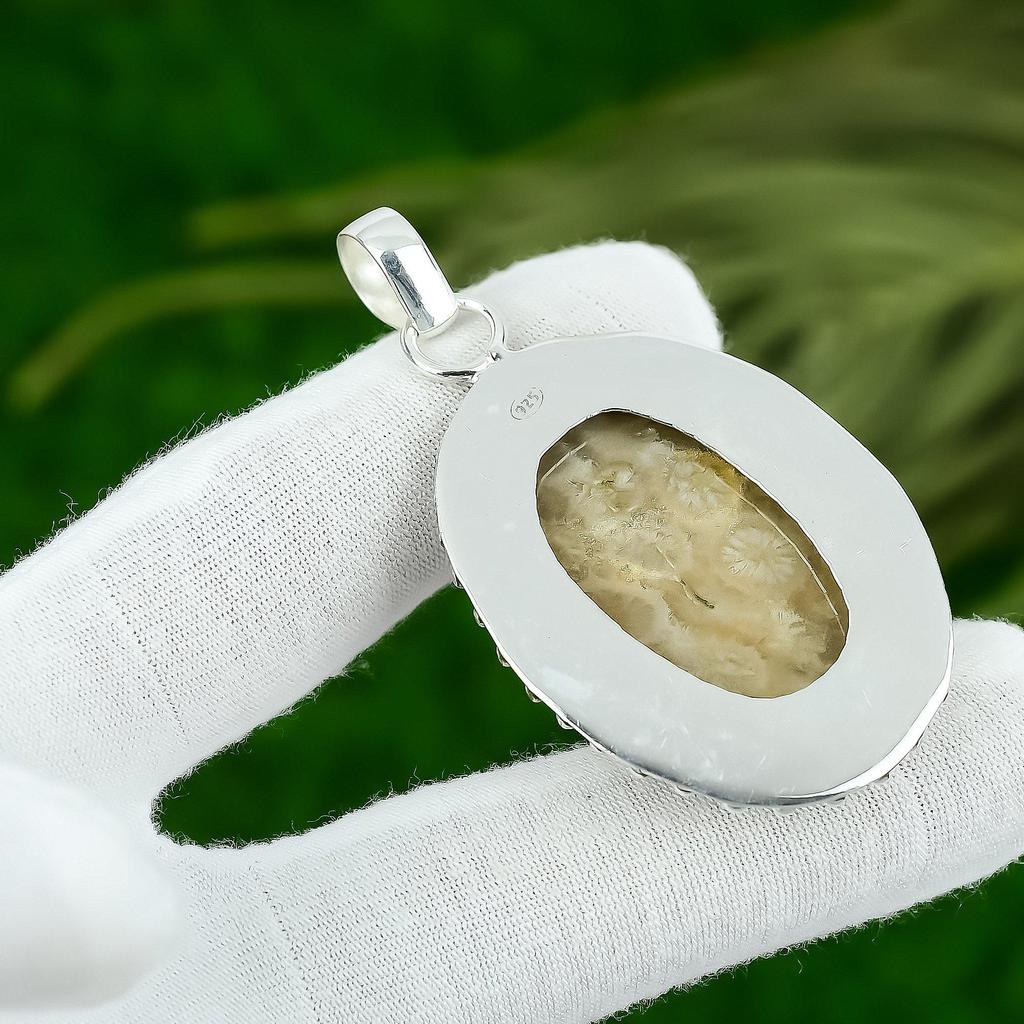 Fossil Coral Stone Sterling Silver Handmade Daughter Boho Ethnic Wedding Pendant