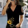 Women V Neck Cold Shoulder Top Light Purple 3D Butterfly Floral Print Short Sleeve Blouse
