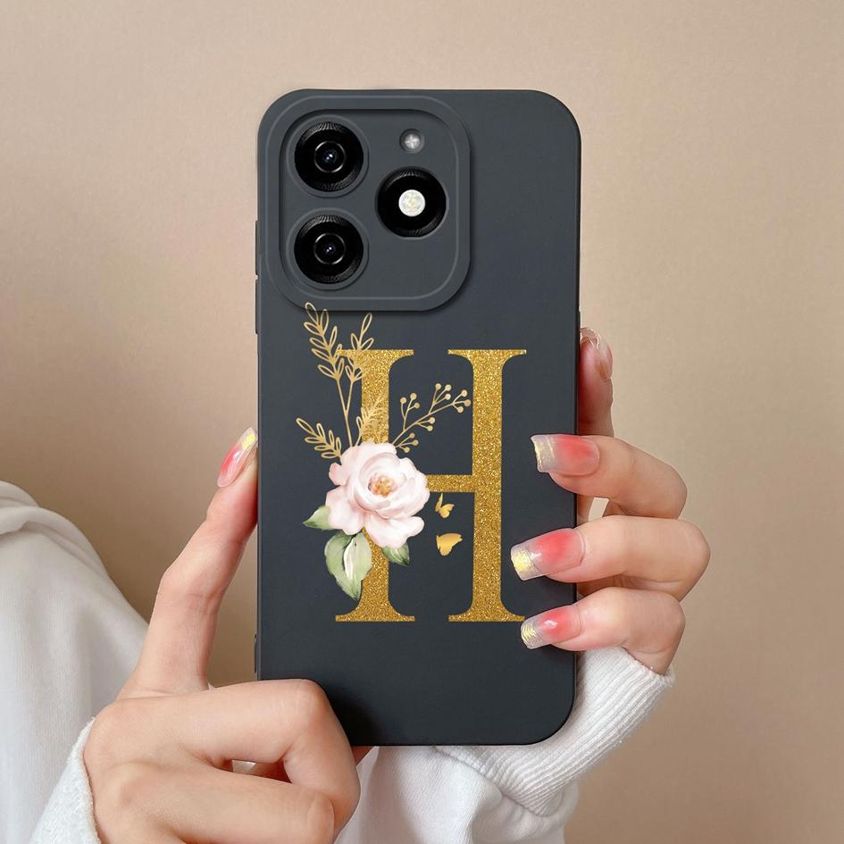 

Для Itel P55 5G P55 + Tecno Camon 30 Spark Go 2024 чехол для телефона Роскошные цветочные буквы черные чехлы Защитная пленка для экрана Противоударный силиконовый мягкий бампер Tecno Pop 8