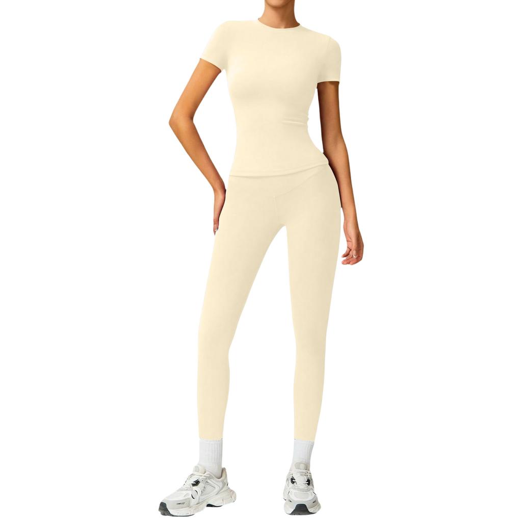 Women's Casual  Color Yoga Suit Short-Sleeve Pants Set