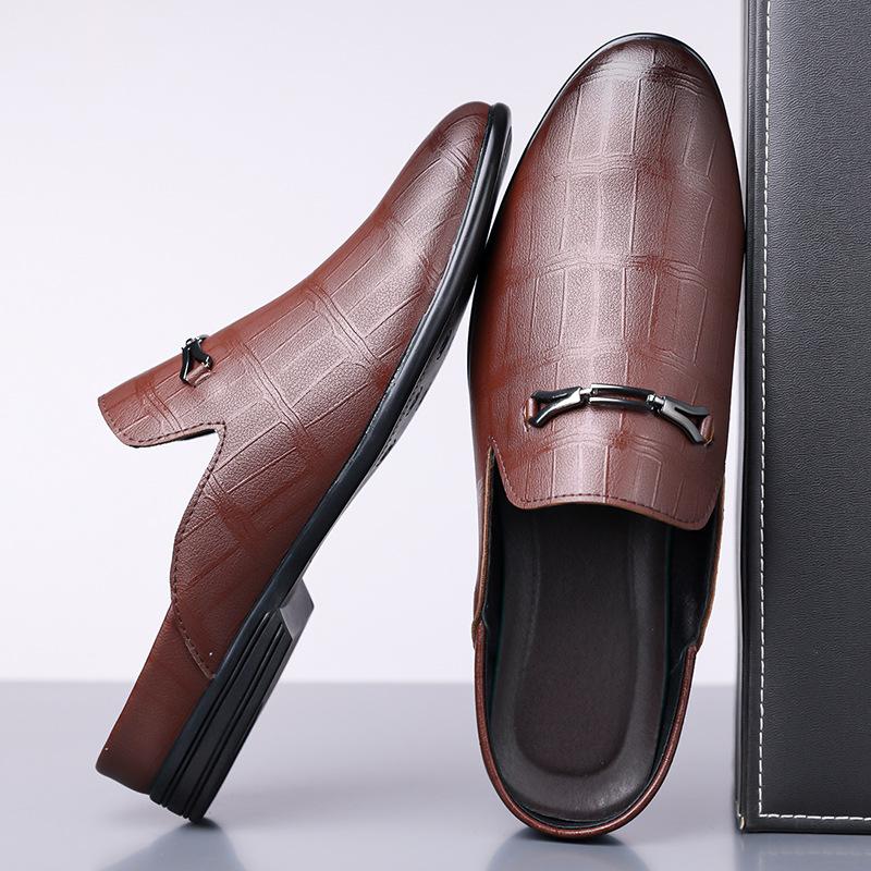 Summer New Designer Half Slippers for Men Fashion Casual Pointed-toe Dress Shoes Male Solid Color Leather Shoe Mules Man