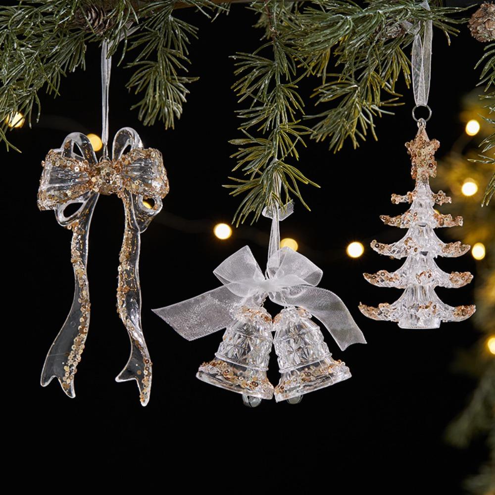 Christmas Tree Decor Acrylic Elk Bell Pendant Transparent Snowflake Pendants With Sequins Home Xmas Party Decoration Accessories