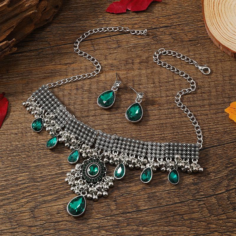 Bohemian Crystal Gemstone Tassel Necklace & Earring Set – European Ethnic Style