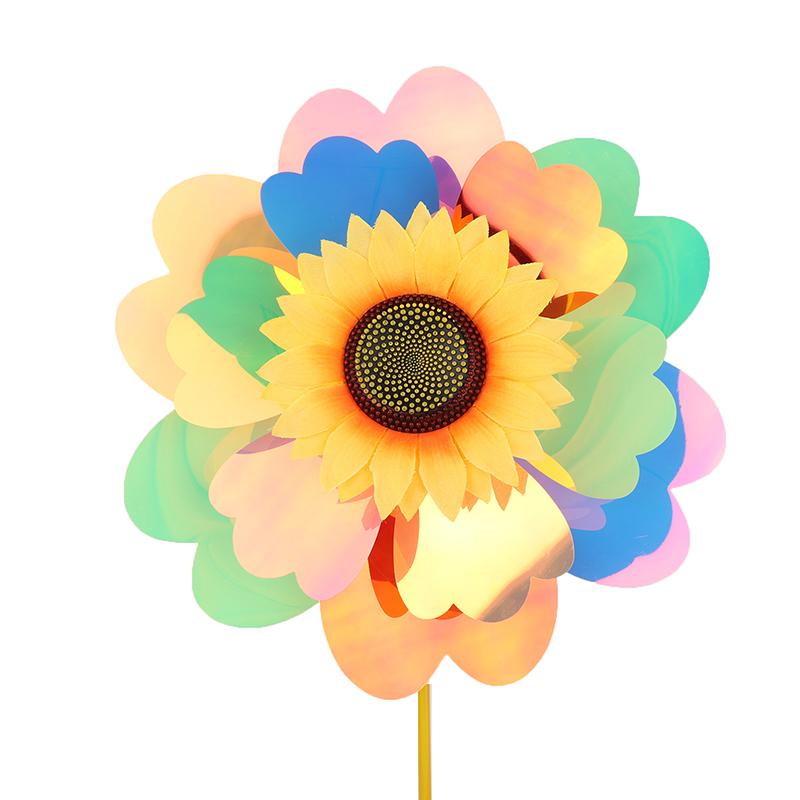 1 Set Outdoor Garden Decor Double Layered Sunflower Windmill Rotating Sunflower Wind Spinner Stake Standing Lawn Flower Pinwheel