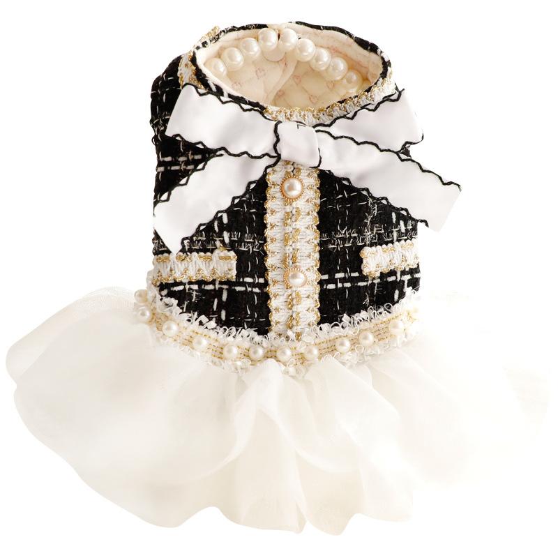 Pet Fur Patchwork Mesh Dress Autumn Winter Bow Sweater Coat Cat Princess Fluffy Winter Skirt Pearl Lace Small Dog Teddy Bear Pet