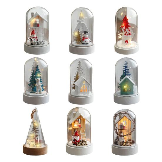 Christmas Dome Glass Ornament LED Light Up Reindeer Christmas Tree Little Church in Cloche Tabletop Decoration for Indoor Room Desktop Decor