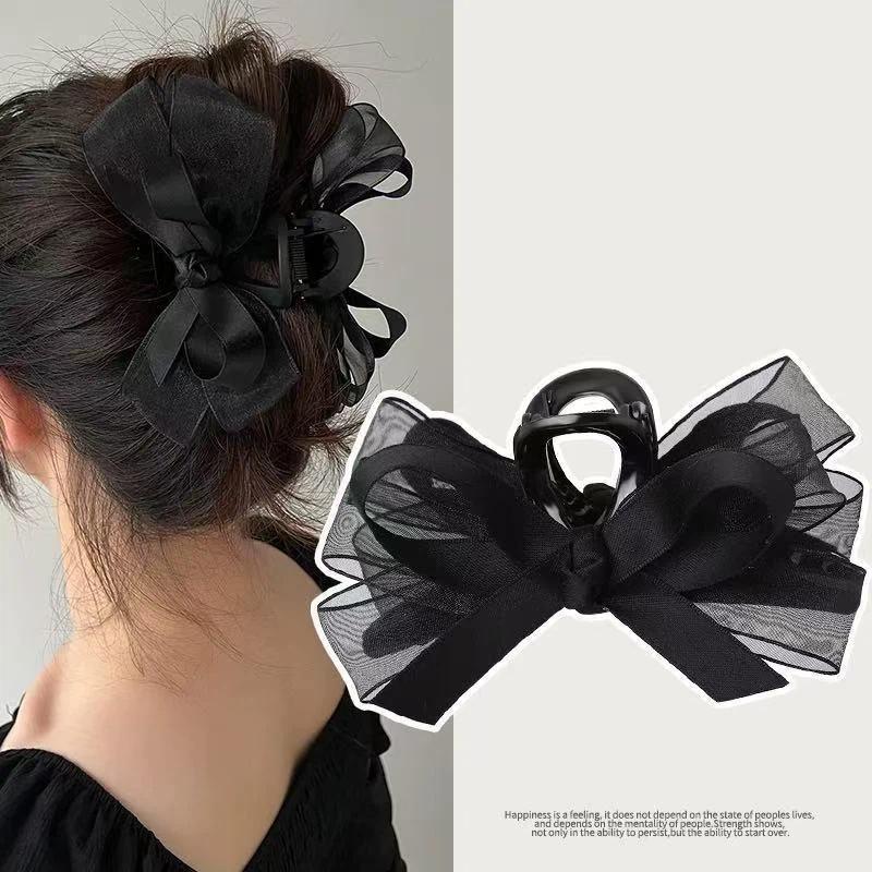 Bow Hair Clip Black Transparent High End Elegant Hair Accessory Acrylic Material for Girls Back Head Date Outfits