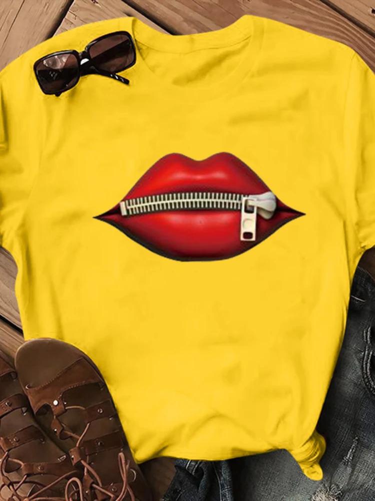 Zipper Lip Print T Shirt Women Short Sleeve O Neck Loose Tshirt Summer Women Tee Shirt Tops Camisetas Mujer