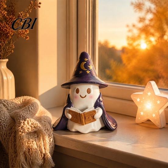 Halloween Party Supplies Lighted Ghost Figurine, Resin Wizard Statue with LED Light, Cute Figurine Reading Book Night Light for Home Desktop
