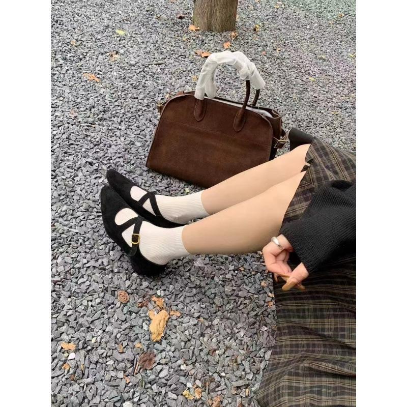 2025 new suede design shallow mouth Mary Jane shoes women's single shoes cross buckle inner height increase grandma shoes