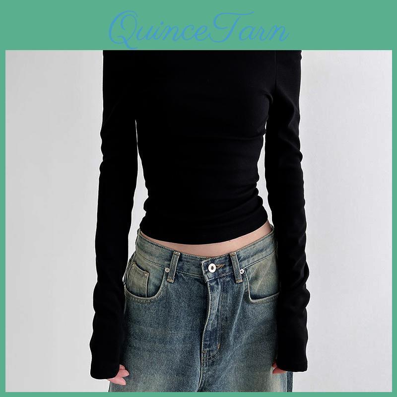 Slash Solid Elegant Black Neck Long Sleeve Tops Korean Fashion Slim Sexy Cropped T Shirt Women Fall Clothing