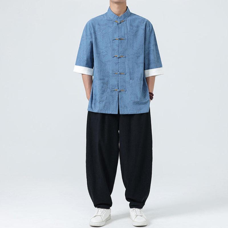 Men's Lightweight Mandarin Collar Printed Shirt Summer Chinese Style Oriental Design Casual Cultural Wear