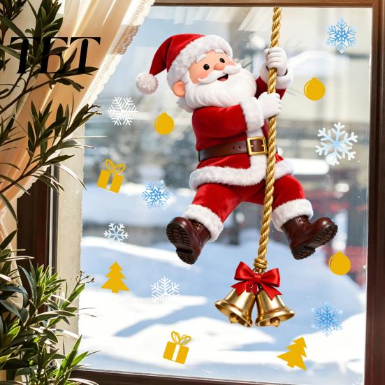 Removable Glass Stickers Christmas Window Cling, Santa Climbing Rope Sticker, Static Cling Clings PVC Tree Decal for Doors Windows Holiday Home Decor