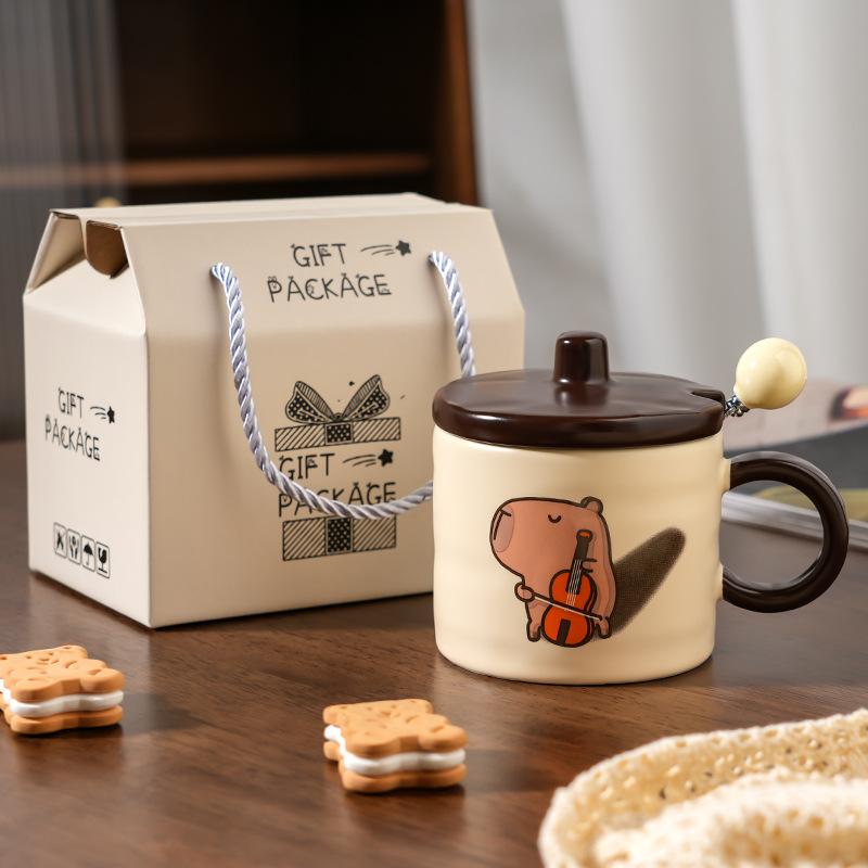 Cute Capybara Ceramic Coffee Mug Vintage Series Cartoon Print Water Cup + Lid Set Home Cafe Afternoon Teacups Friend Gift