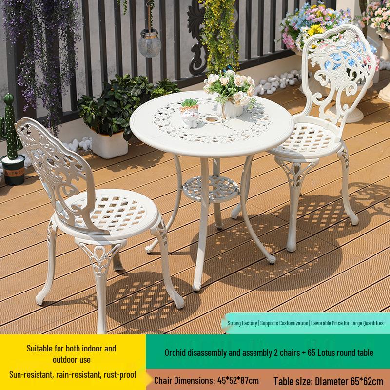 White Wrought Iron Cast Aluminum Outdoor Patio Table and Chairs Set - Waterproof Villa Courtyard Garden Balcony Furniture
