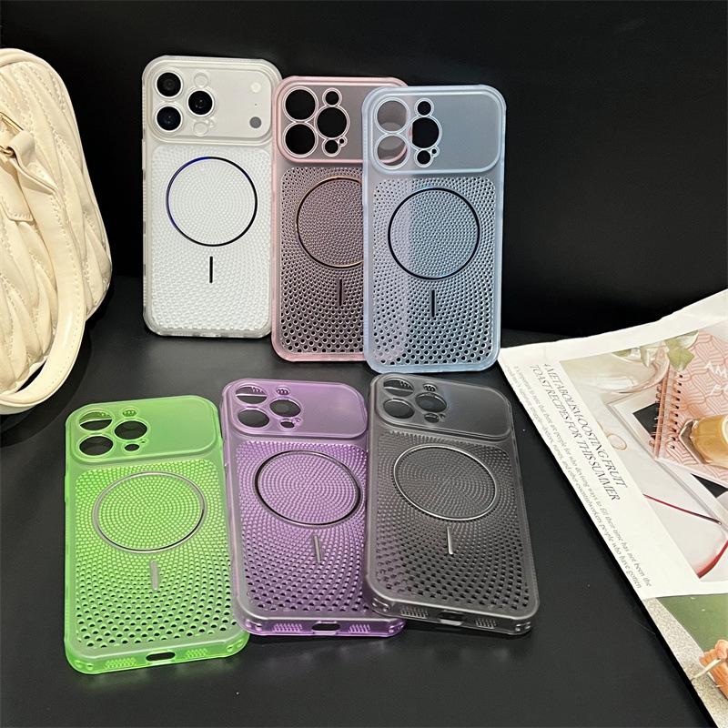 Ice crystal hollow thin ring magnetic attraction is suitable for iPhone17promax all-inclusive mobile phone case heat dissipation solid color Apple 16