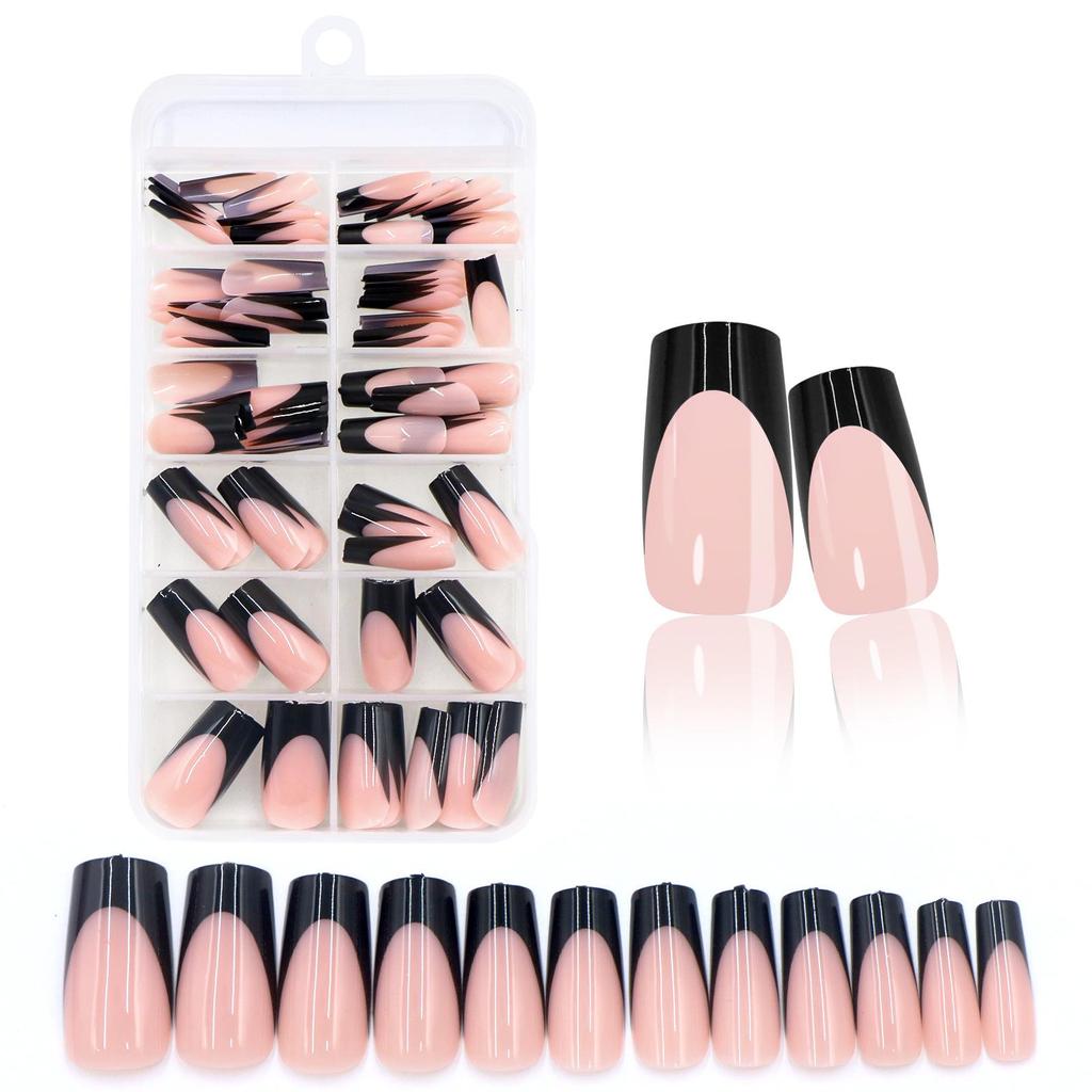120-Piece Black & White French Square False Nails Set - Reusable Wear-On Manicure Tips