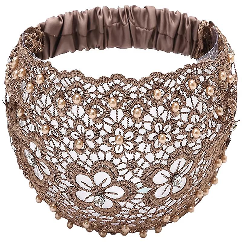Floral Lace wide-brimmed hair band with beads for women, suitable for cute and casual vintage headbands