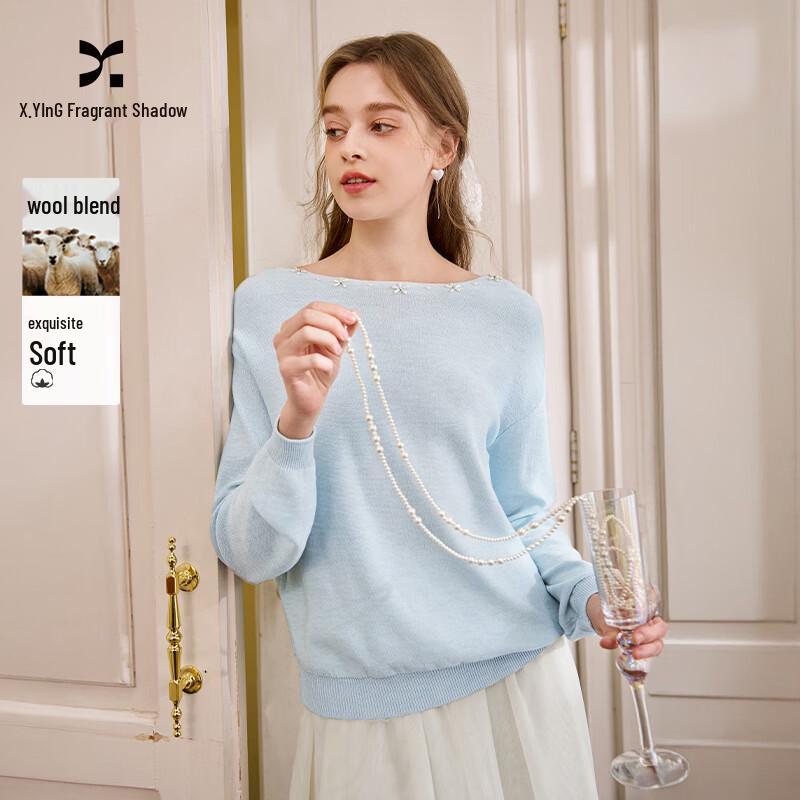 Xiangying Women s Off-Shoulder Knit Sweater with Flower Beads S