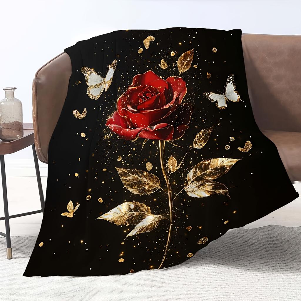 Elegant Red Rose Blanket - Soft Cozy Throw with Gold Accents and Butterflies, Perfect for Home Decor, Unique Romantic Gift