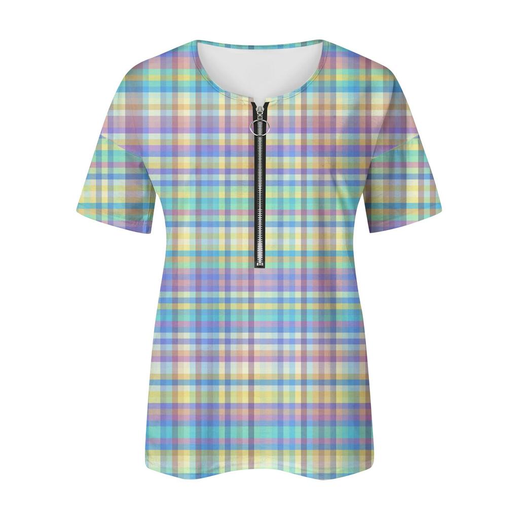 Women's Summer Temperament Palid Printed V-Neck Zip Short Sleeve T-shirt Top