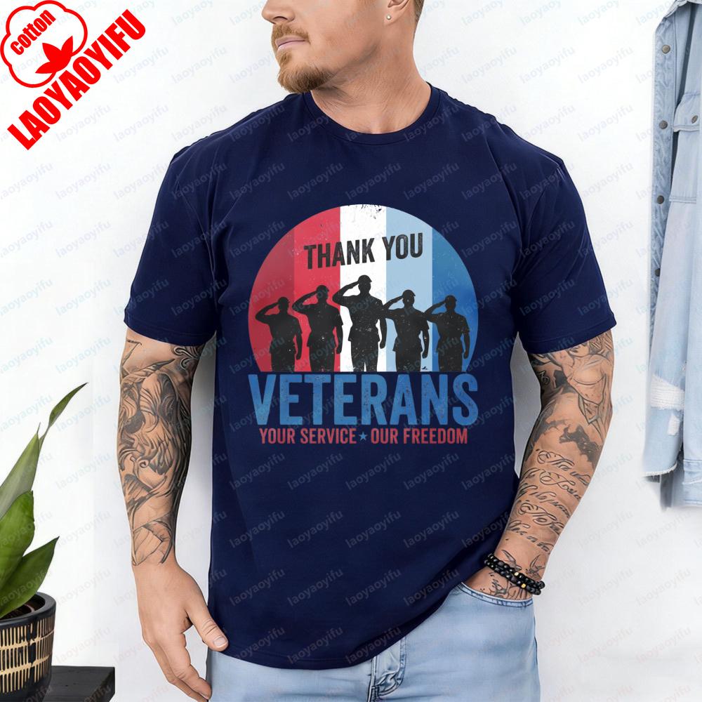 Thank You Veterans TShirt Salute Soldier Silhouette Patriotic Casual Cotton Tee Retro Veterans Day Tops Classic Mens Clothing