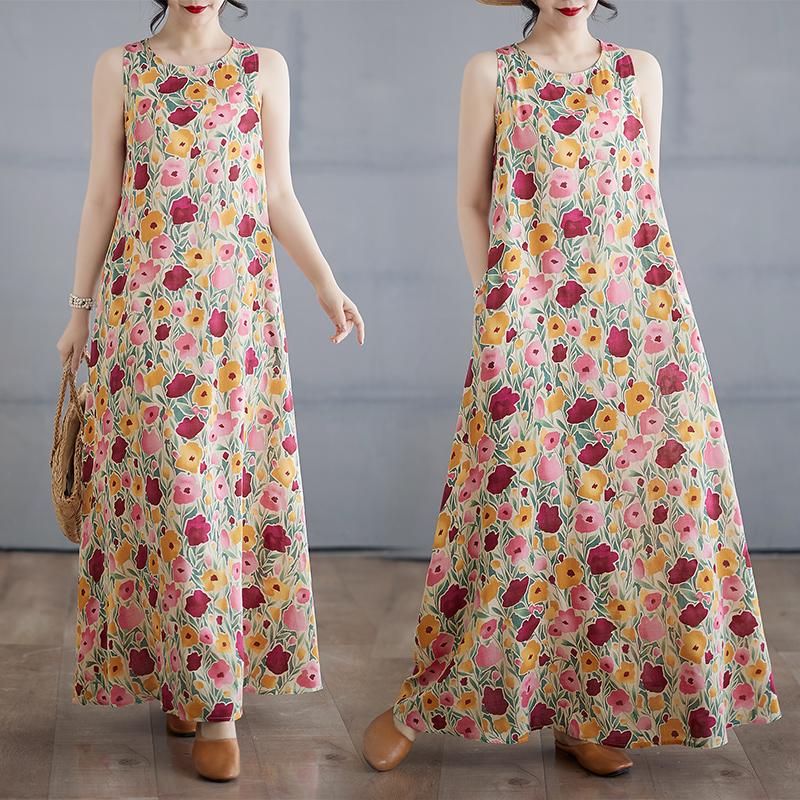 DIMANAF 2025 Women Linen Summer Flower print Dress Casual Ladies Basic Long Dress 8083